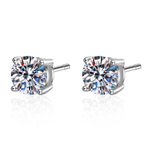 18K Gold Diamond Stud Earrings Classic Silver Tone Women
