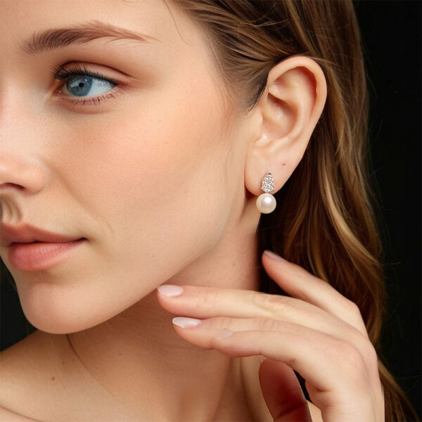 Calabash Moissanite Pearl Stud Earrings Silver White Gold