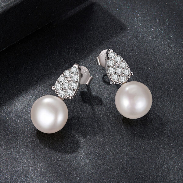 Calabash Moissanite Pearl Stud Earrings Silver White Gold