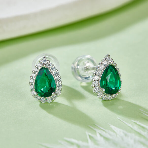Emerald Cut Silver Stud Earrings with Pear Shape Gem