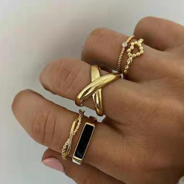 Gold-Tone Black Bar Minimalist Couple Rings